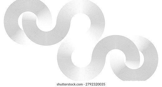 Abstract grey interlocking wavy lines on white background. Minimalist geometric pattern with thin parallel circular stripes, vector texture.