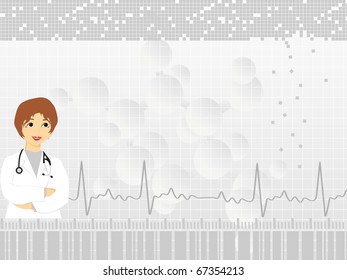 abstract grey medical heartbeat background with cute doctor