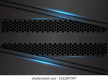 Abstract grey metallic overlap hexagon mesh with blue light pattern design modern luxury futuristic industrial technology background vector illustration.