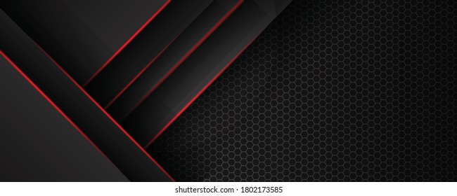 Resumen del diseño de malla hexágona de luz roja superposición metálica de lujo moderno fondo de tecnología futurista. Ilustración vectorial para banner amplio, diseño de presentación y mucho más