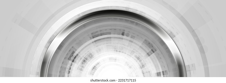 Abstract grey metallic technology background with silver ring and HUD elements. Vector geometric banner design