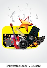 abstract grey musical notes background with collection of musical instrument
