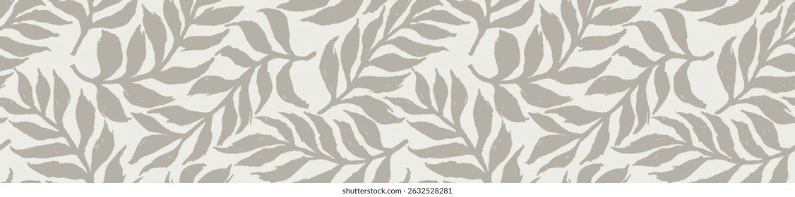 Abstract grey palm leaf, leaves, floral ornament seamless pattern on brush style.