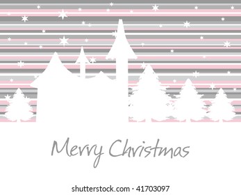 abstract grey, pink lines background with xmas tree and house