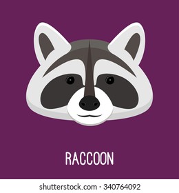 Abstract grey raccoon head isolated on purple. Graphic cartoon cute raccoon portrait for design card, invitation, banner, book, scrapbook, t-shirt, poster, album etc.