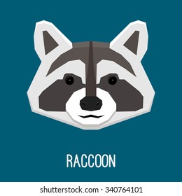 Abstract grey raccoon head isolated on blue. Graphic cartoon cute raccoon portrait for design card, invitation, banner, book, scrapbook, t-shirt, poster, album etc.