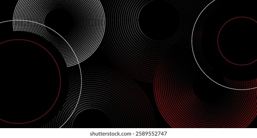Abstract grey and red circle line vector on dark background. Modern simple overlap circle lines texture creative design. Suit for poster, cover, banner, flyer, brochure, presentation, website