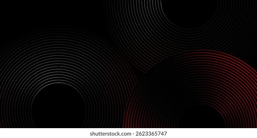 Abstract grey and red circle line vector on dark background. Modern simple overlap circle lines texture creative design. Suit for poster, cover, banner, flyer, brochure, presentation, website