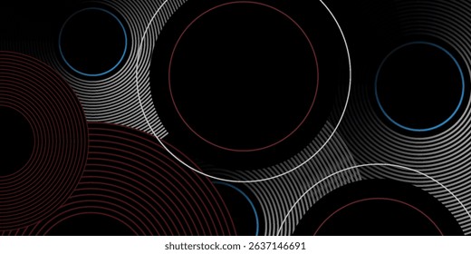 Abstract grey and red circle line vector on dark background. Modern simple overlap circle lines texture creative design. Suit for poster, cover, banner, flyer, brochure, presentation, website