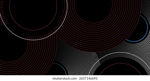 Abstract grey and red circle line vector on dark background. Modern simple overlap circle lines texture creative design. Suit for poster, cover, banner, flyer, brochure, presentation, website