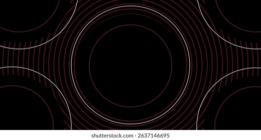 Abstract grey and red circle line vector on dark background. Modern simple overlap circle lines texture creative design. Suit for poster, cover, banner, flyer, brochure, presentation, website