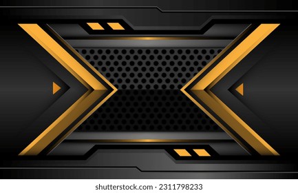 Abstract grey silver black cyber circle mesh metal yellow arrow geometric futuristic technology style creative background vector illustration.