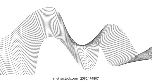 Abstract grey smooth element swoosh speed wave modern stream background. Wave grey lines created using blend tool. Abstract frequency sound wave lines and twisted curve lines background.
