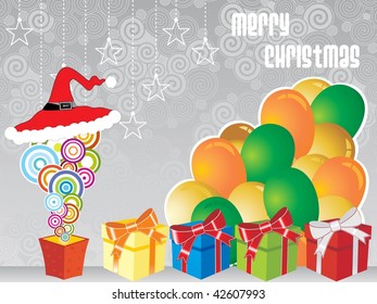 abstract grey spiral pattern background with colorful balloon, gift and santa claus hat