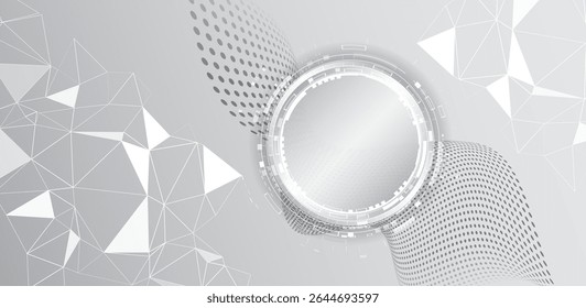 Fundo tecnológico cinza abstrato com interface circular futurista, padrões de onda pontilhada e grade poligonal. Perfeito para inovação, apresentações e conceitos de design de alta tecnologia.