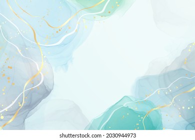 Abstract grey and turquoise liquid watercolor background with golden glitter brushstrokes and lines. Elegant fluid marble alcohol ink drawing effect with golden stains. Vector illustration.