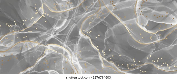 Abstract grey vector background with gold glitter for cover design, card, flyer, poster and invitation. Hand drawn ink illustration. Fluid art. Modern watercolor backdrop. Monochrome and gold backdrop