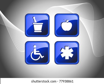 abstract grey wave background with set of four medical icon, vector illustration