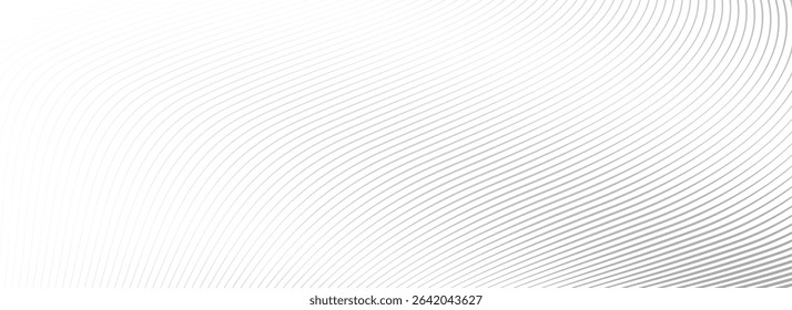 Abstract grey wave line background. Light gray dynamic striped texture. Warped and curved lines wallpaper for tech design template, presentation, brochure, leaflet, booklet. Vector airy backdrop