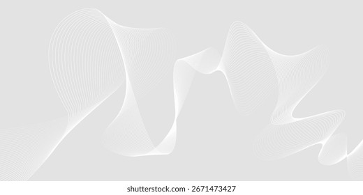 Abstrakter, grauer, wellenförmiger Hintergrund. Silber fließendes Wellenlinienmuster. Technologie gewölbte gewellte Streifen Tapete. Technisches Hintergrundkonzept für Poster, Banner, Cover, Flyer. Vektorgrafik