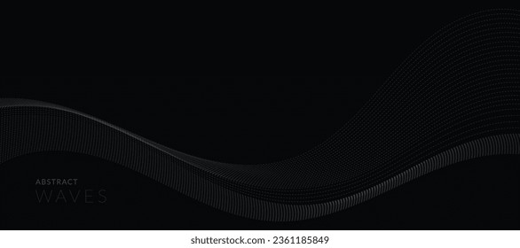 Abstract grey wavy lines on a black background. Vector modern black background template. Dotted wave lines.