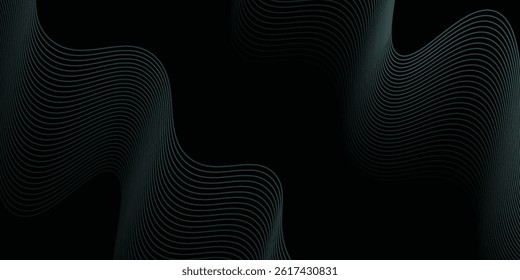 Abstract grey wavy lines on a black background. Vector modern black tech background template. Dotted wavy lines.