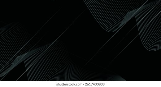 Abstract grey wavy lines on a black background. Vector modern black tech background template. Dotted wavy lines.