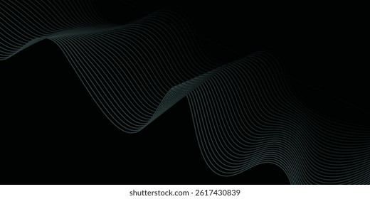 Abstract grey wavy lines on a black background. Vector modern black tech background template. Dotted wavy lines.