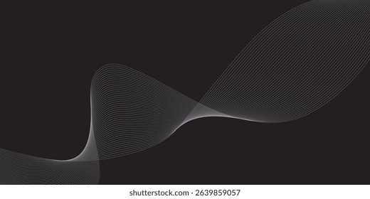Abstract grey white flowing lines on a dark black background, digital wave effect.