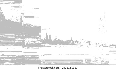 Abstract grey and white glitch art background with high contrast pix-elated digital distortion texture of a city skyline
