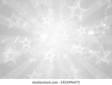 Abstract grey white graphic design with beams and stars. Retro 80s pattern background. Vector sparkling illustration