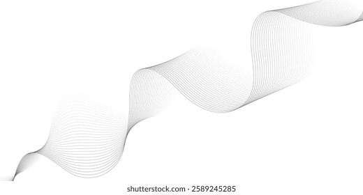 Abstract grey, white smooth element swoosh speed wave modern stream background. Wave with lines created using blend tool. Abstract frequency sound wave lines and twisted curve lines background.
