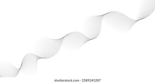 Abstract grey, white smooth element swoosh speed wave modern stream background. Wave with lines created using blend tool. Abstract frequency sound wave lines and twisted curve lines background.

