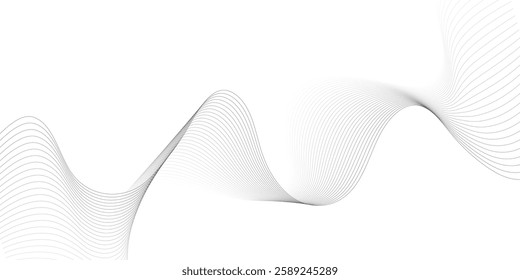 Abstract grey, white smooth element swoosh speed wave modern stream background. Wave with lines created using blend tool. Abstract frequency sound wave lines and twisted curve lines background.
