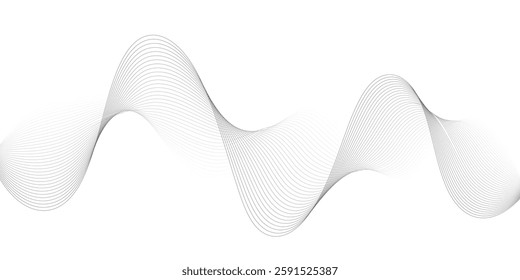 Abstract grey, white smooth element swoosh speed wave modern stream background. Wave with lines created using blend tool. Abstract frequency sound wave lines and twisted curve lines background.
