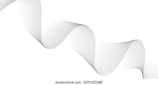 Abstract grey, white smooth element swoosh speed wave modern stream background. Wave with lines created using blend tool. Abstract frequency sound wave lines and twisted curve lines background.
