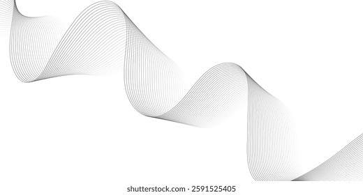 Abstract grey, white smooth element swoosh speed wave modern stream background. Wave with lines created using blend tool. Abstract frequency sound wave lines and twisted curve lines background.
