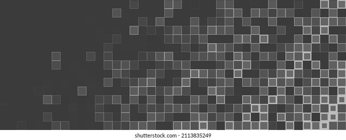 Abstract grey wide background with dissolving mosaic. Pixelated vector graphic pattern