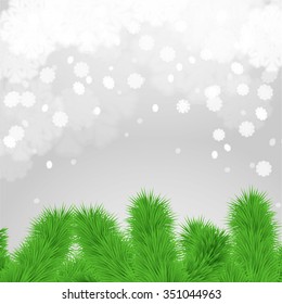 Abstract grey winter background with fir branches and flying snowflakes. Stock vector.