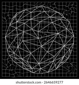 Abstract grid art with a central geometric sphere and surrounding distorted lines.