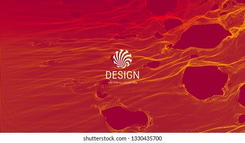Abstract grid background with hole. Array with dynamic particles. Texture. 3D grid surface.  Technology vector illustration.