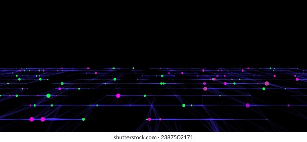 Abstract grid with blue light on black background. Science background with moving dots and lines. Network connection technology. Digital structure with particles. Vector illustration.