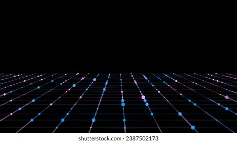 Abstract grid with blue light on black background. Science background with moving dots and lines. Network connection technology. Digital structure with particles. Vector illustration.