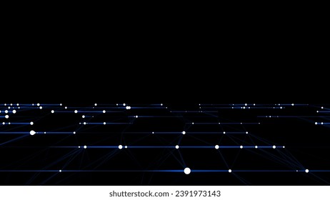 Abstract grid with blue light on black background. Science background with moving dots and lines. Network connection technology. Digital structure with particles. Vector illustration.