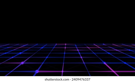 Abstract grid with blue light on black background. Science background with moving dots and lines. Network connection technology. Digital structure with particles. Vector illustration.