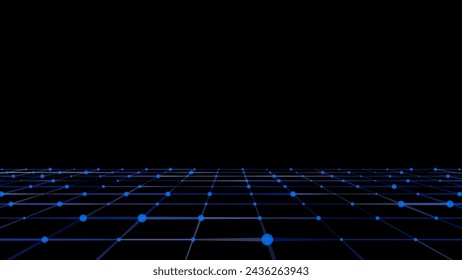 Abstract grid with blue light on black background. Science background with moving dots and lines. Network connection technology. Digital structure with particles. Vector illustration.