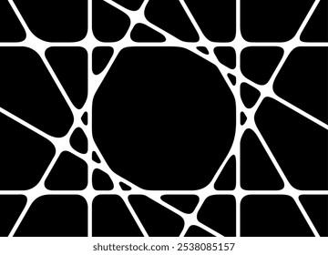 Abstract grid with a circle in the center. Vector pattern of white lines on a black background. Modern design element. Textiles, interior decor, wall art. carpet. Cobwebs Skeleton masonry