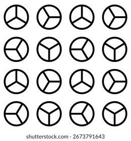 Uma grade abstrata de círculos, cada um dividido em três segmentos distintos, criando um padrão visual dinâmico. Ideal para visualização de dados, fundos ou projetos de design gráfico.