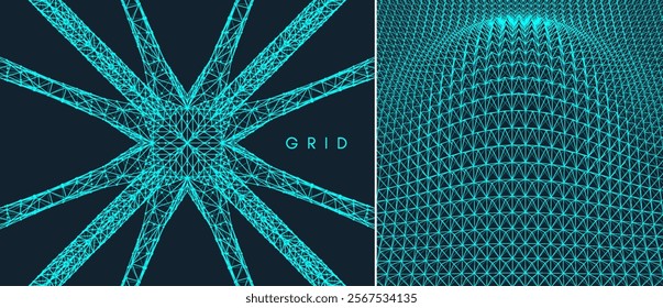 Abstract grid design in technology style. Cobweb. Global network connection concept. Big data visualization. 3d vector illustration for brochure, presentation, flyer or banner.