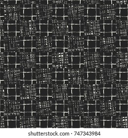 Abstract Grid And Grain Textured Irregular Checked Background. Seamless Pattern.
